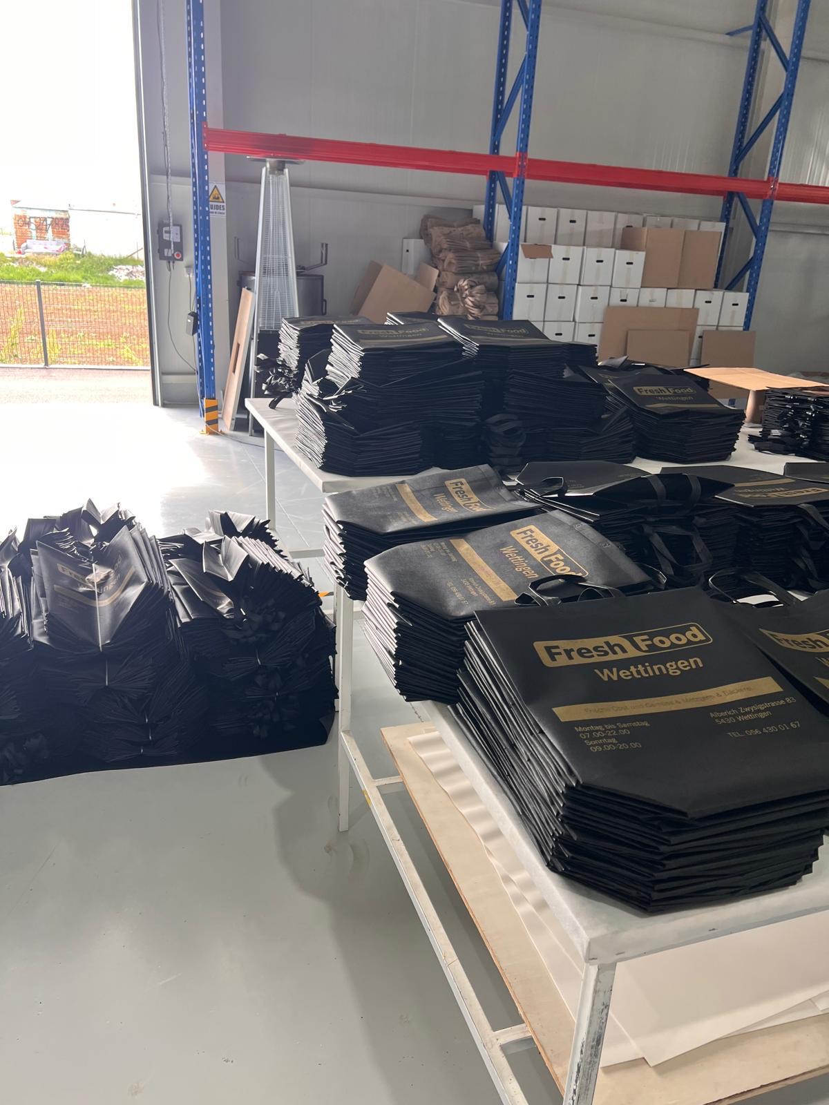 Stacks of finished bags at the Kobags factory