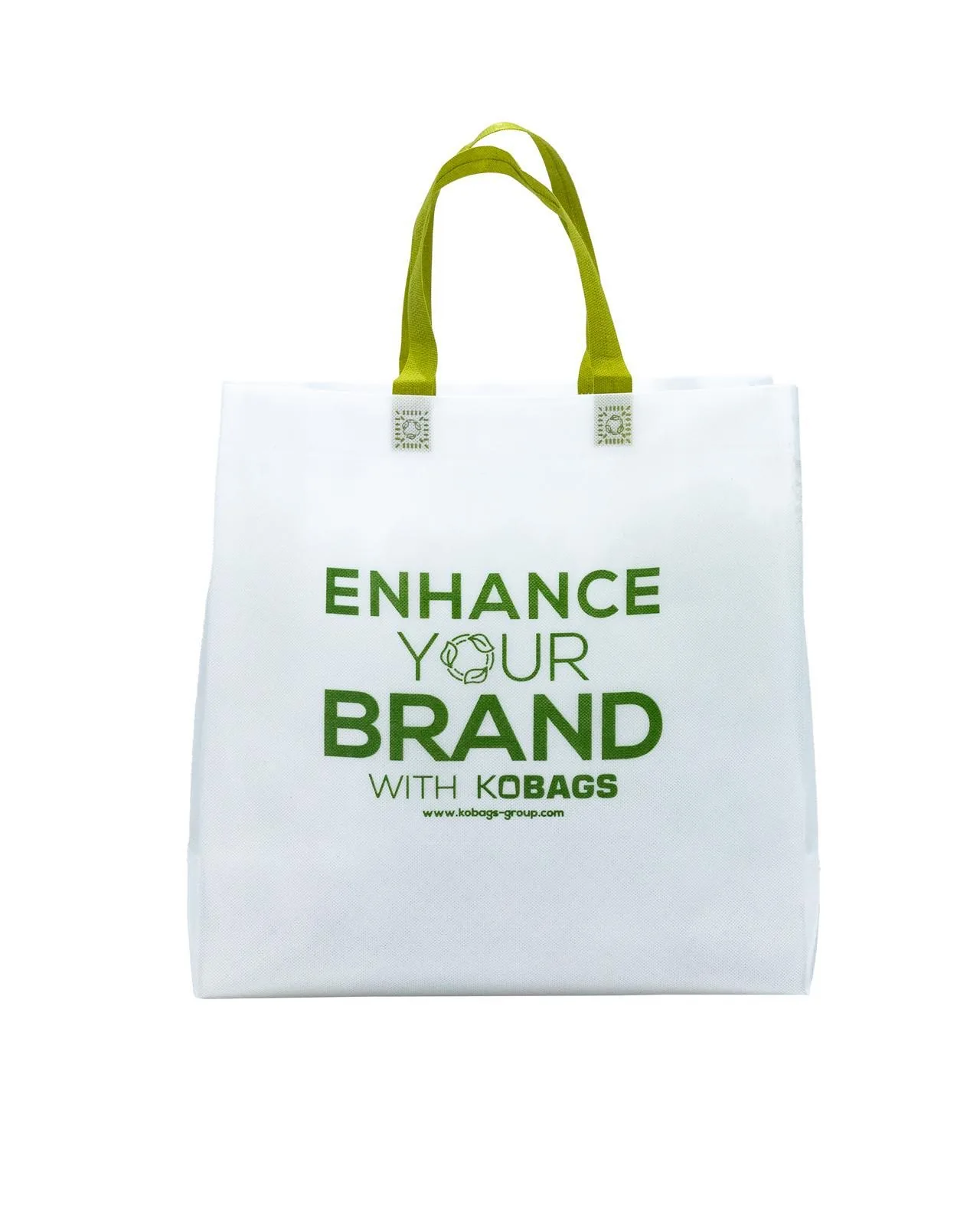 White branded bag with green handles from the Kobags collection