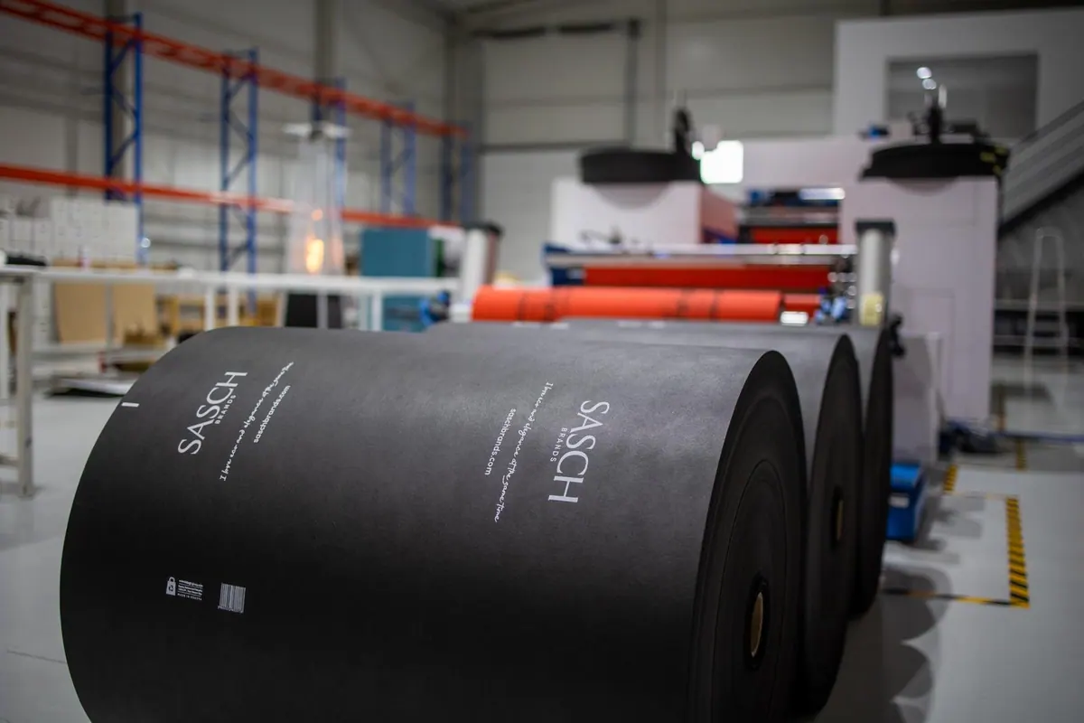Printed non-woven material on rolls at the Kobags factory